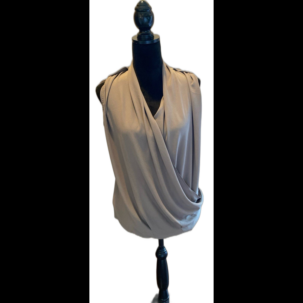 MNG Blouse Sz Large Faux Wrap Sleeveless Taupe Color Flowy Dressy Work Wear Top